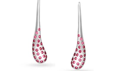 A pair of earrings with pink stones Description automatically generated